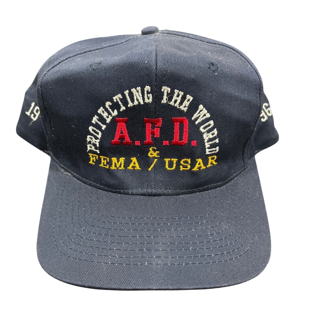 Vintage 1996 KC Caps AFD FEMA USAR Snapback Hat Navy Blue Embroidered Trucker